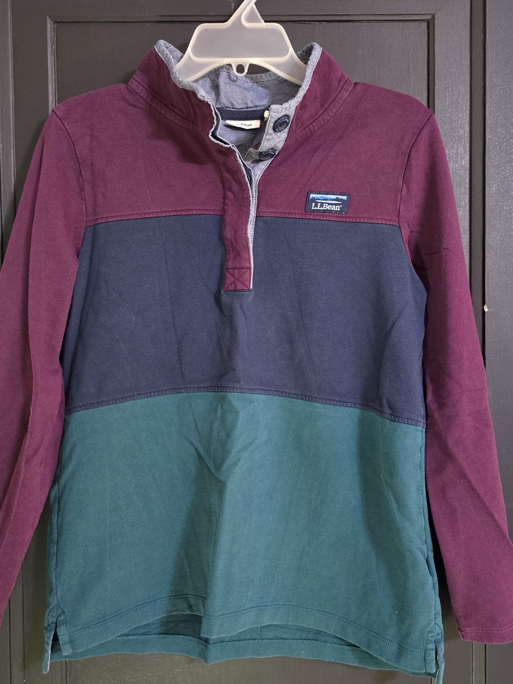 L.L. Bean Three-Tone Button Mockneck Pullover in Burgundy, Navy & Green